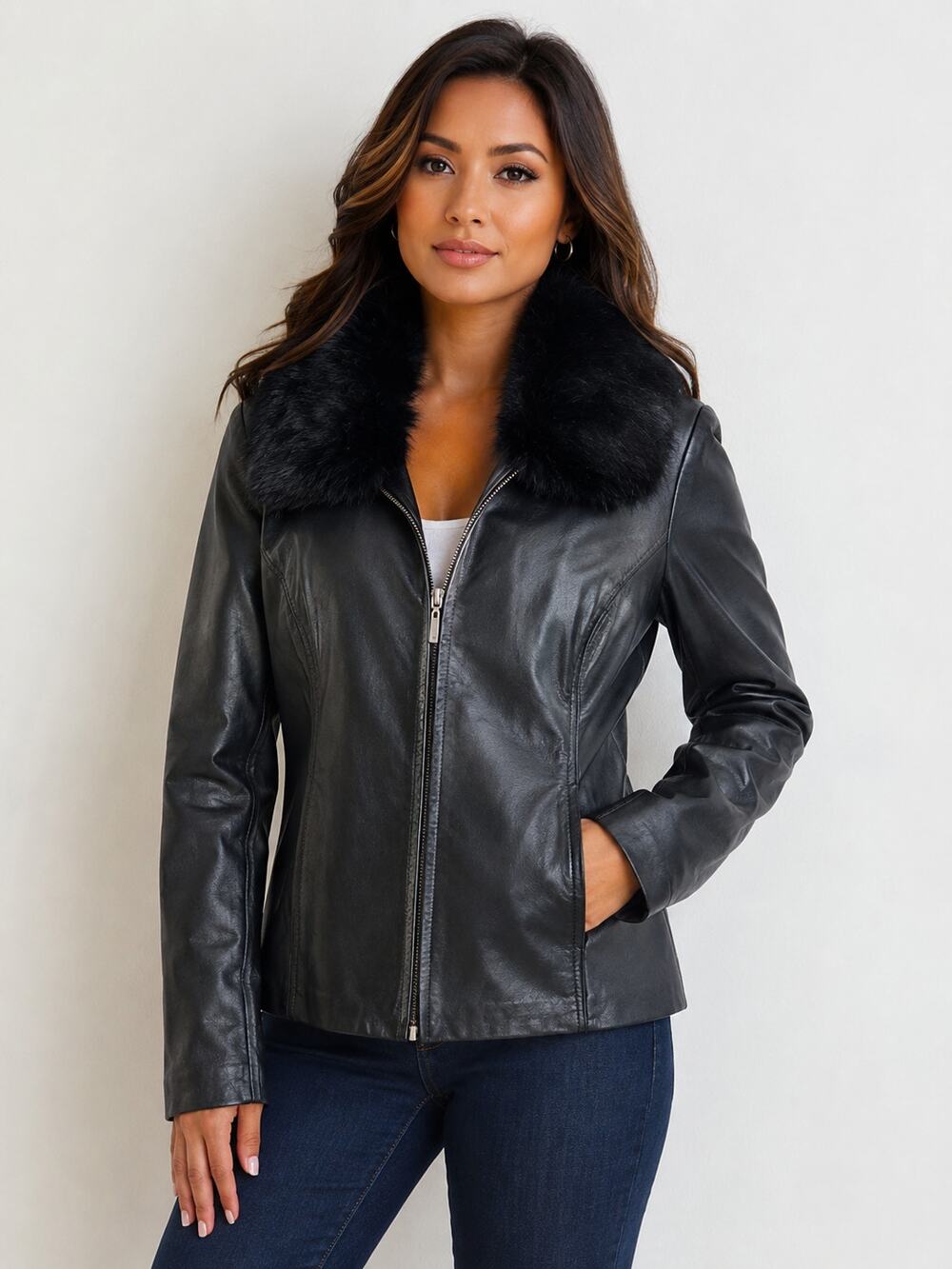 Apt. 9 SZ M 100% Soft Lambs Leather Removal Angora Fur Collar Zip Front Pockets
